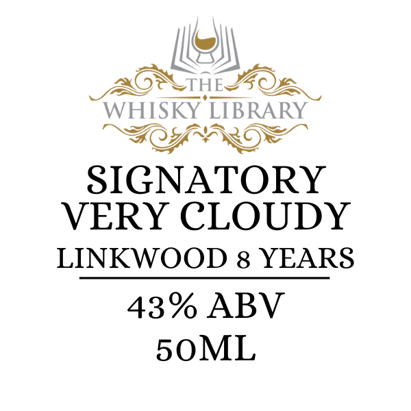 Whisky label for 'Signatory Very Cloudy Linkwood 8 Years' from The Whisky Library on a white background.