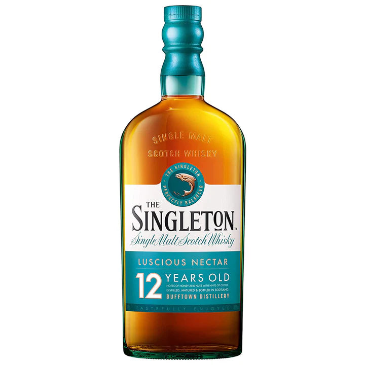 A bottle of Singleton of Dufftown 12-year-old single malt Scotch whisky, with labeling that includes the brand and age statement.