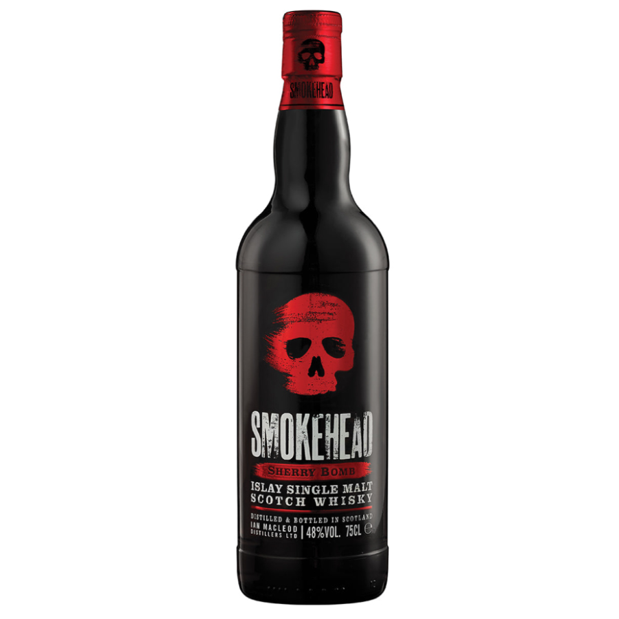 Smokehead Sherry Bomb Islay Single Malt Whisky, showing the full label and branding on a white background
