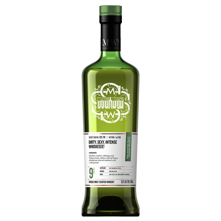 SMWS Cask No. 122.70 9 Year Old Dirty, sexy, intense whiskeeee! single malt bottle on a white background