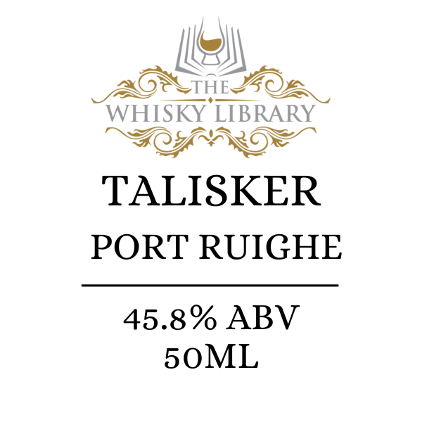 Talisker Port Ruighe whisky label with The Whisky Library branding.