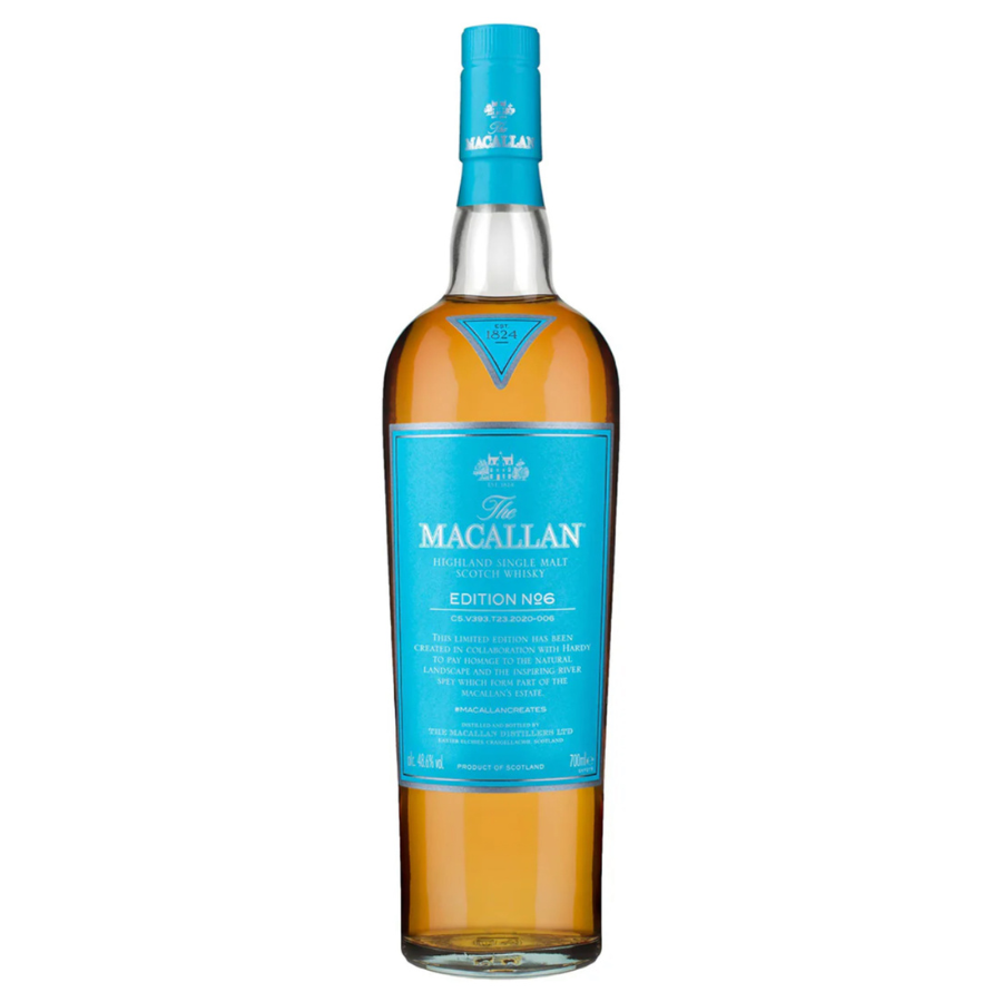 Macallan whiskey bottle with blue label on a white background