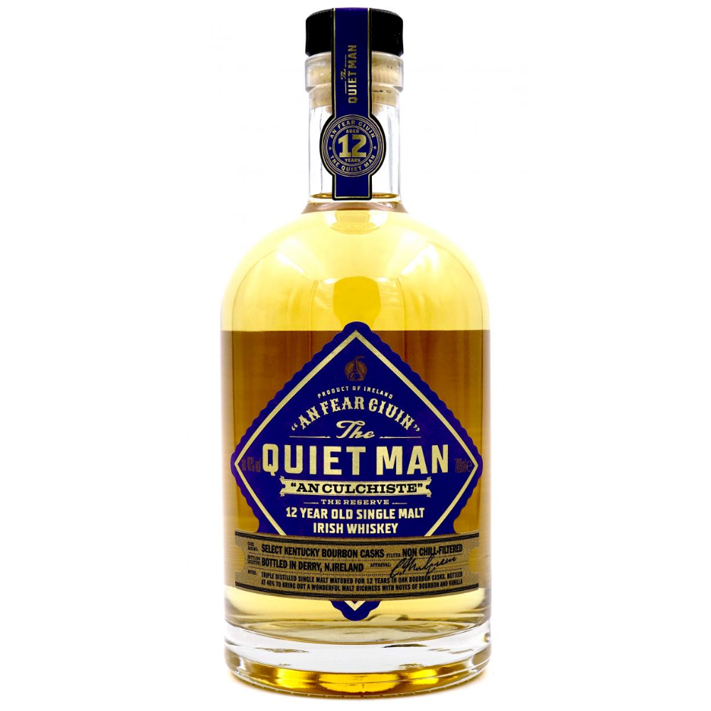 A bottle of The Quiet Man 12 Year Old Irish Whiskey with a blue label.