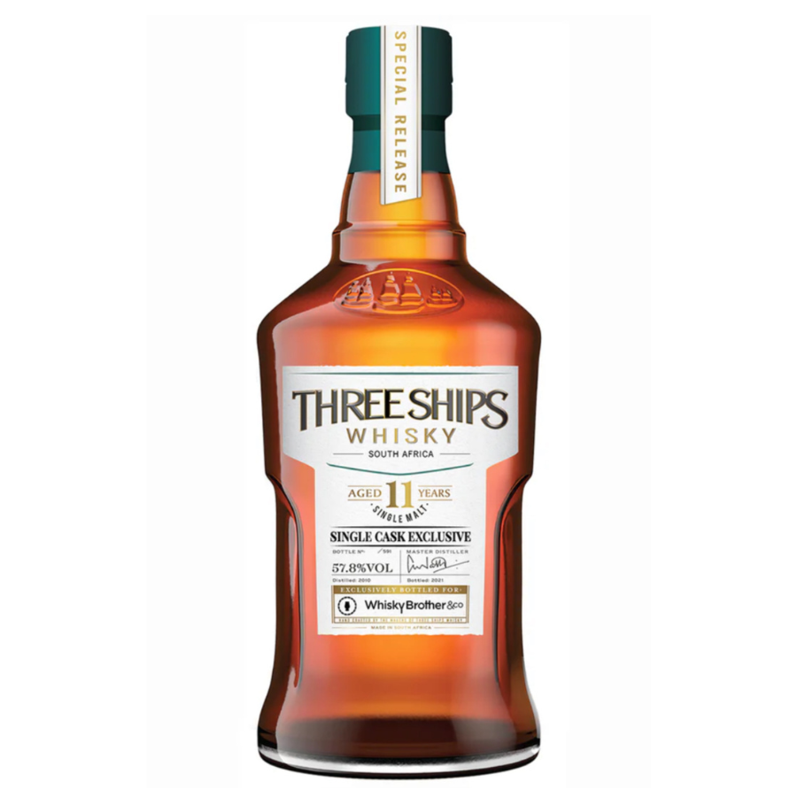 Three Ships Whisky bottle on a white background