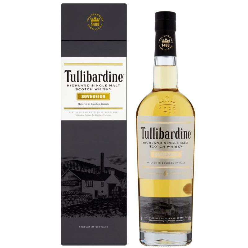Tullibardine Sovereign single malt whisky bottle and box on the white background.