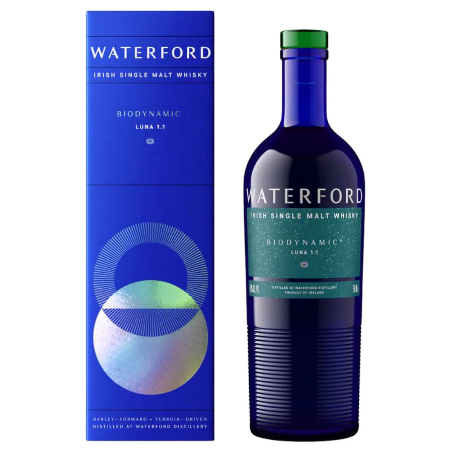 Waterford Biodynamic Luna 1.1 whisky bottle and packaging on a white background