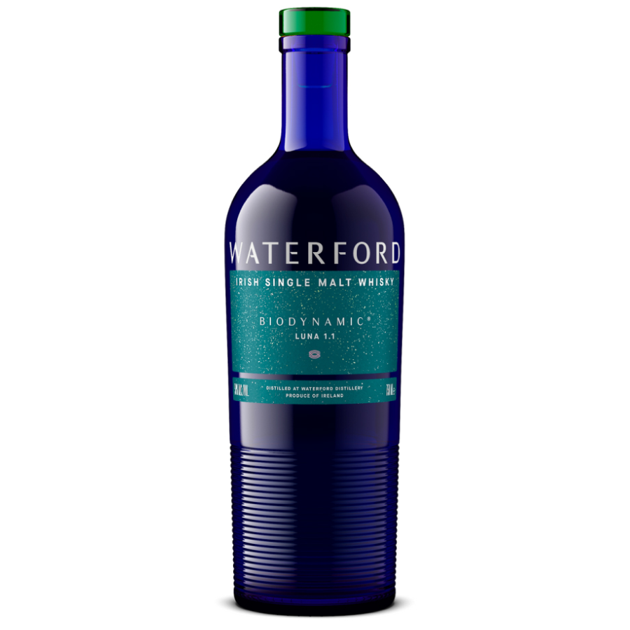 Blue Waterford Biodynamic Luna 1.1 whisky bottle on a white background