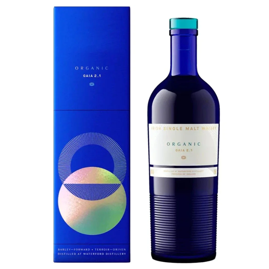 Blue Waterford Organic Gaia 2.1 Arcadian Series whisky bottle with matching box on a white background