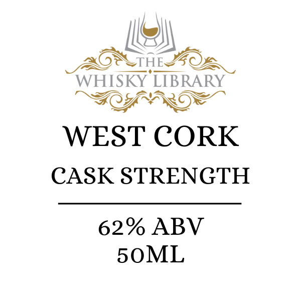 Label for West Cork Cask Strength whisky from The Whisky Library on a white background