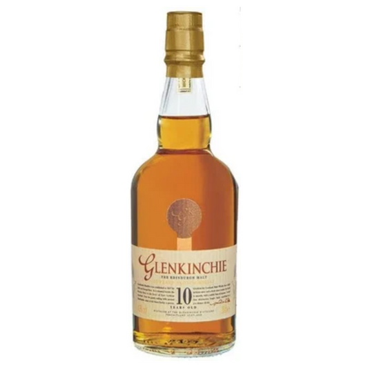 A bottle of Glenkinchie 10 Year Old 1980's single malt Scotch whisky with a gold foil top on a plain background.