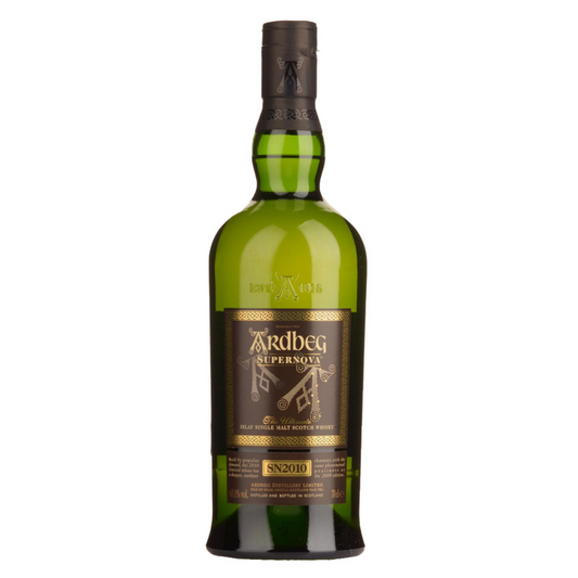 A bottle of Ardbeg Supernova SN2010 Single Malt Scotch Whisky with a dark label on a plain background.