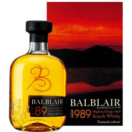 Balblair 1989 box and whisky bottle in the white background