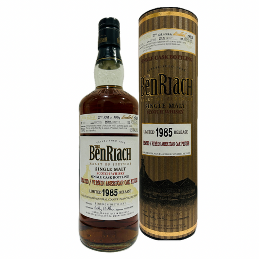 Benriach 1985 Single Cask Peated Virgin Oak 26 Year Old tube in the white background