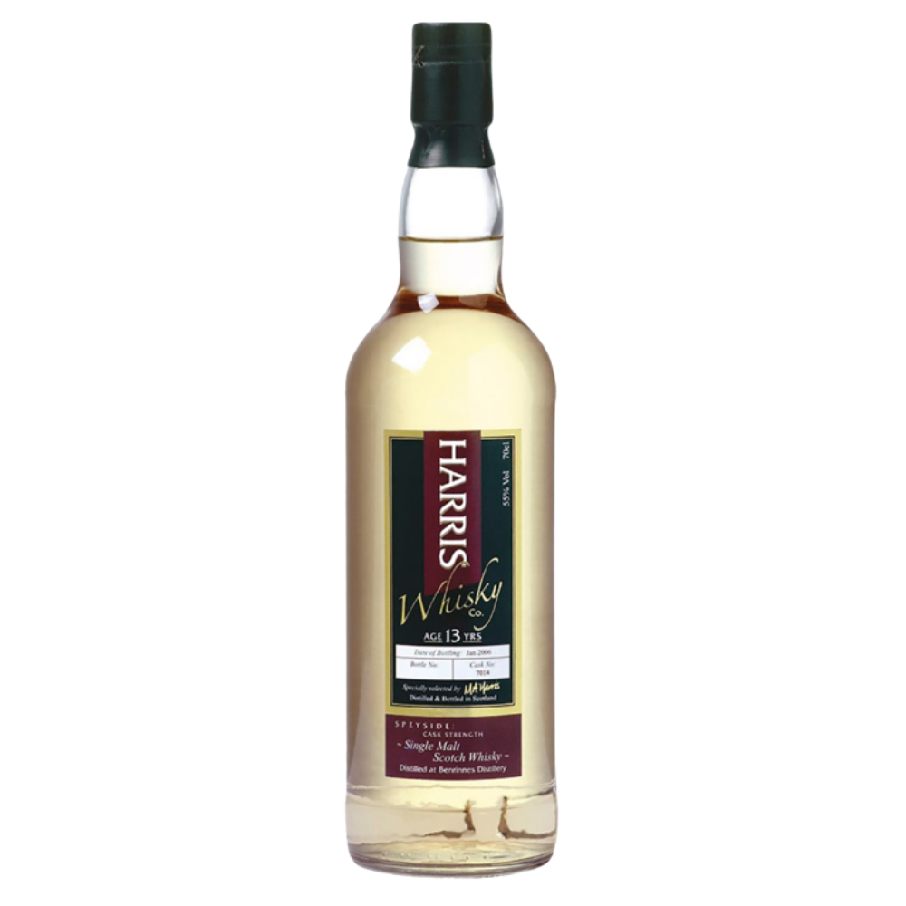 A bottle of Harris Whisky Co Benrinnes 13 Year Old Single Malt Scotch Whisky with a green cap on a white background.