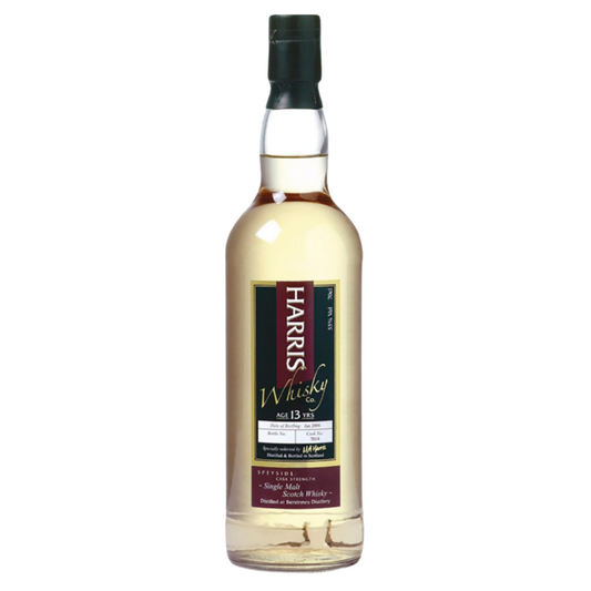 A bottle of Harris Whisky Co Benrinnes 13 Year Old Single Malt Scotch Whisky with a green cap on a white background.