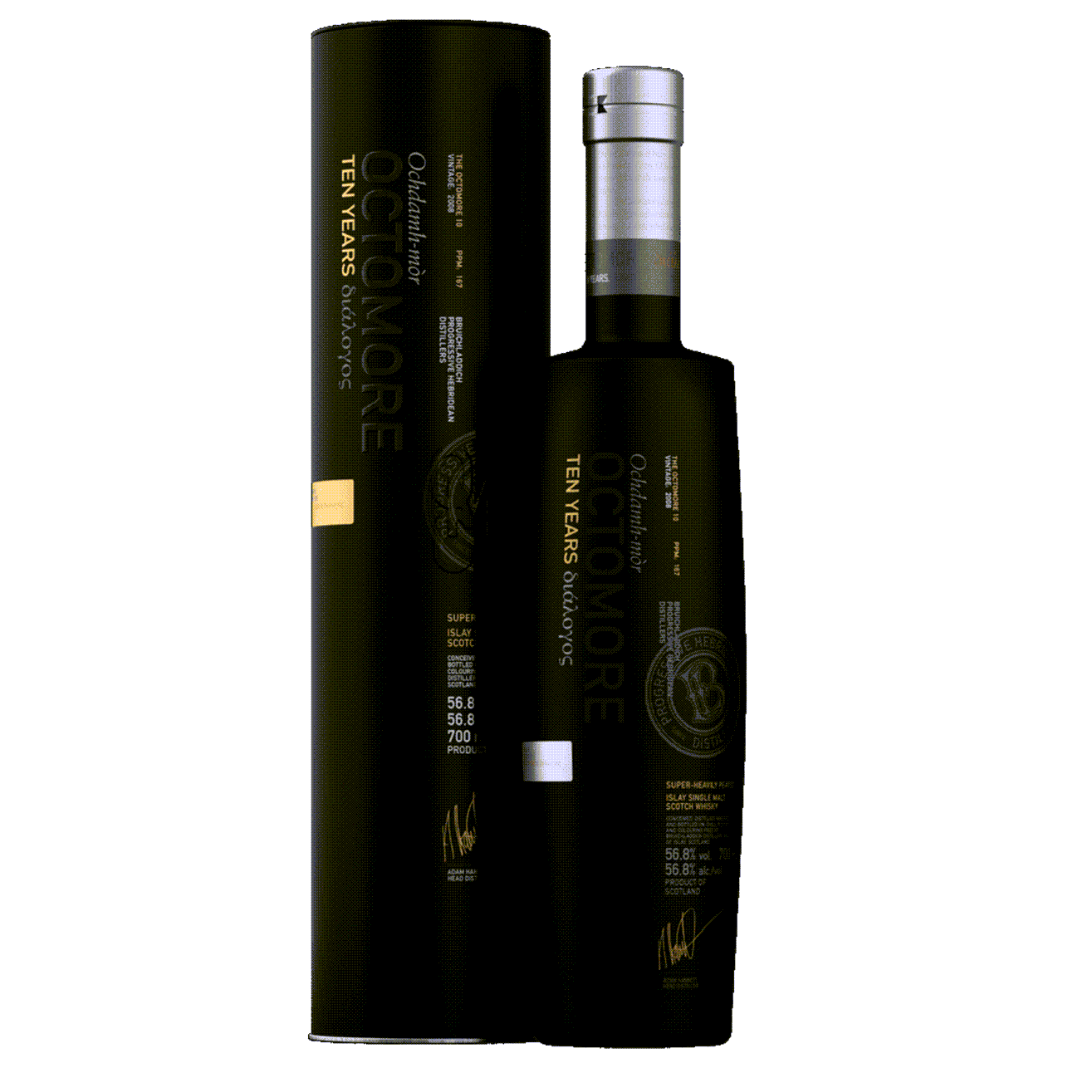 A bottle of Bruichladdich Octomore 10 Year Old 2019 single malt Scotch whisky, with a distinctive black and gold packaging.