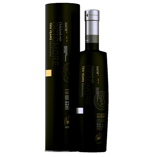 A bottle of Bruichladdich Octomore 10 Year Old 2019 single malt Scotch whisky, with a distinctive black and gold packaging.