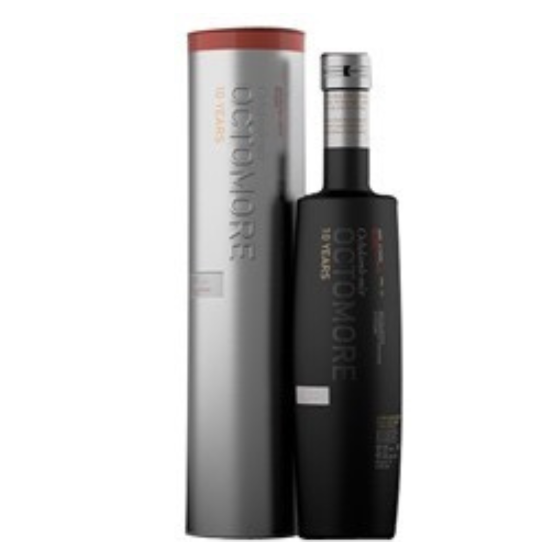 Bruichladdich Octomore 10 2016 bottle and box in the white background