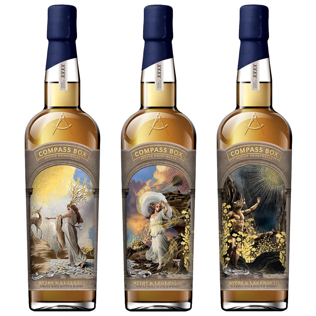 Compass Box Myths and Legends I-III Set Whisky bottles in the white background