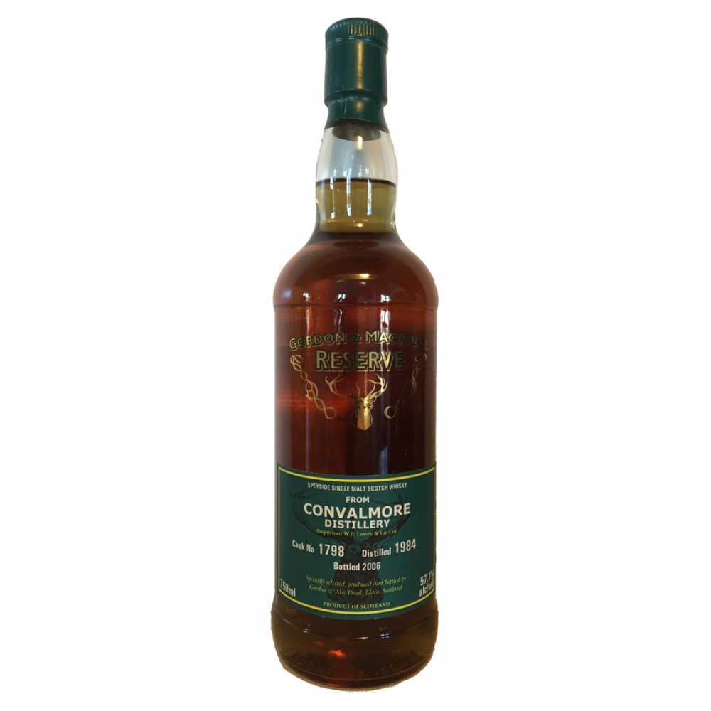 A bottle of Gordon MacPhail Convalmore 1984 21 Year Old Cask Strength Single Malt Scotch Whisky, with a green label and gold text.
