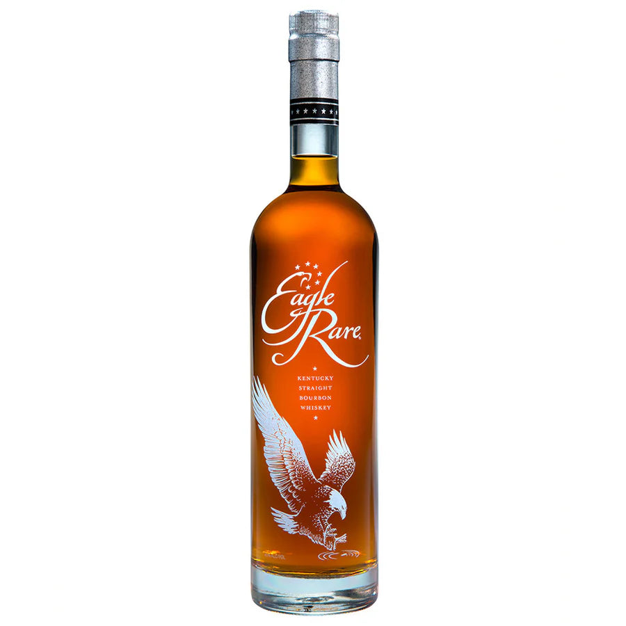A bottle of Eagle Rare 10 Year Old Bourbon Whiskey with an etched eagle design on the label.