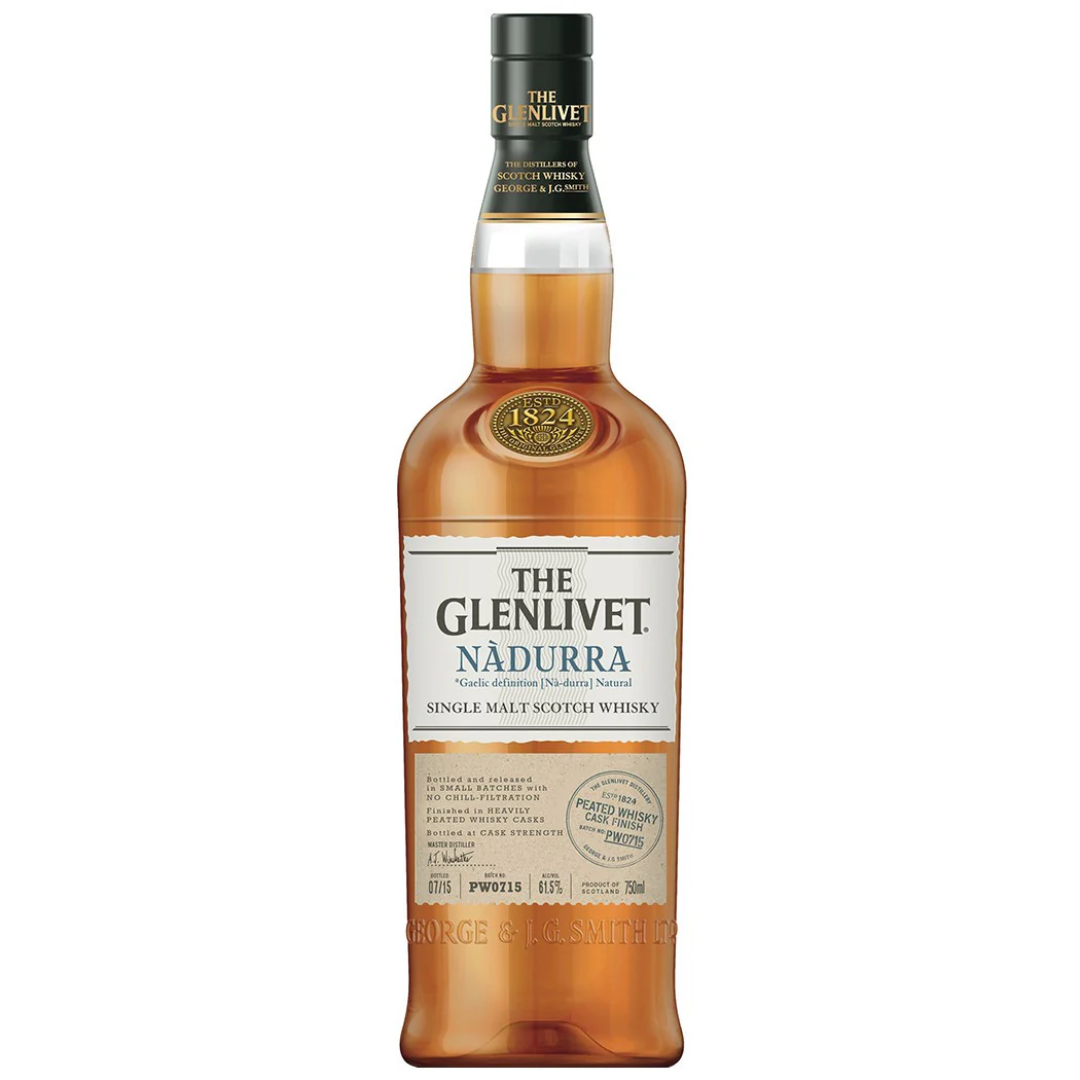A bottle of Glenlivet Nadurra Peated Whisky with a clear label and cap, against a plain background.