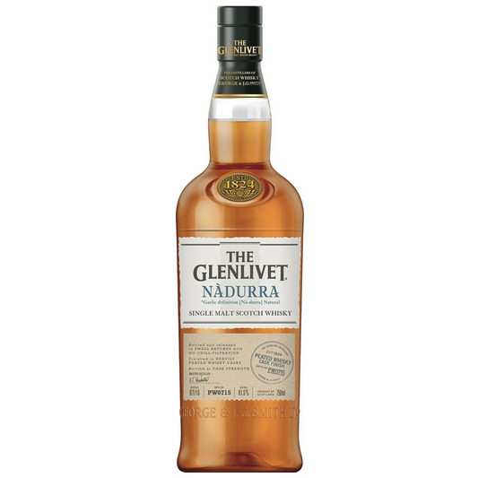 A bottle of Glenlivet Nadurra Peated Whisky with a clear label and cap, against a plain background.