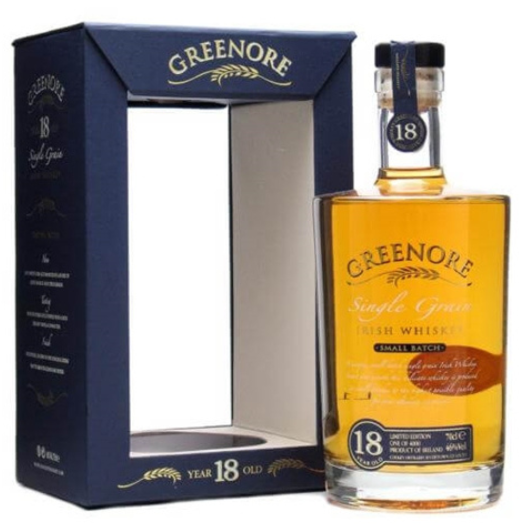 Greenore 18 Years Whisky bottle and box in the white background.