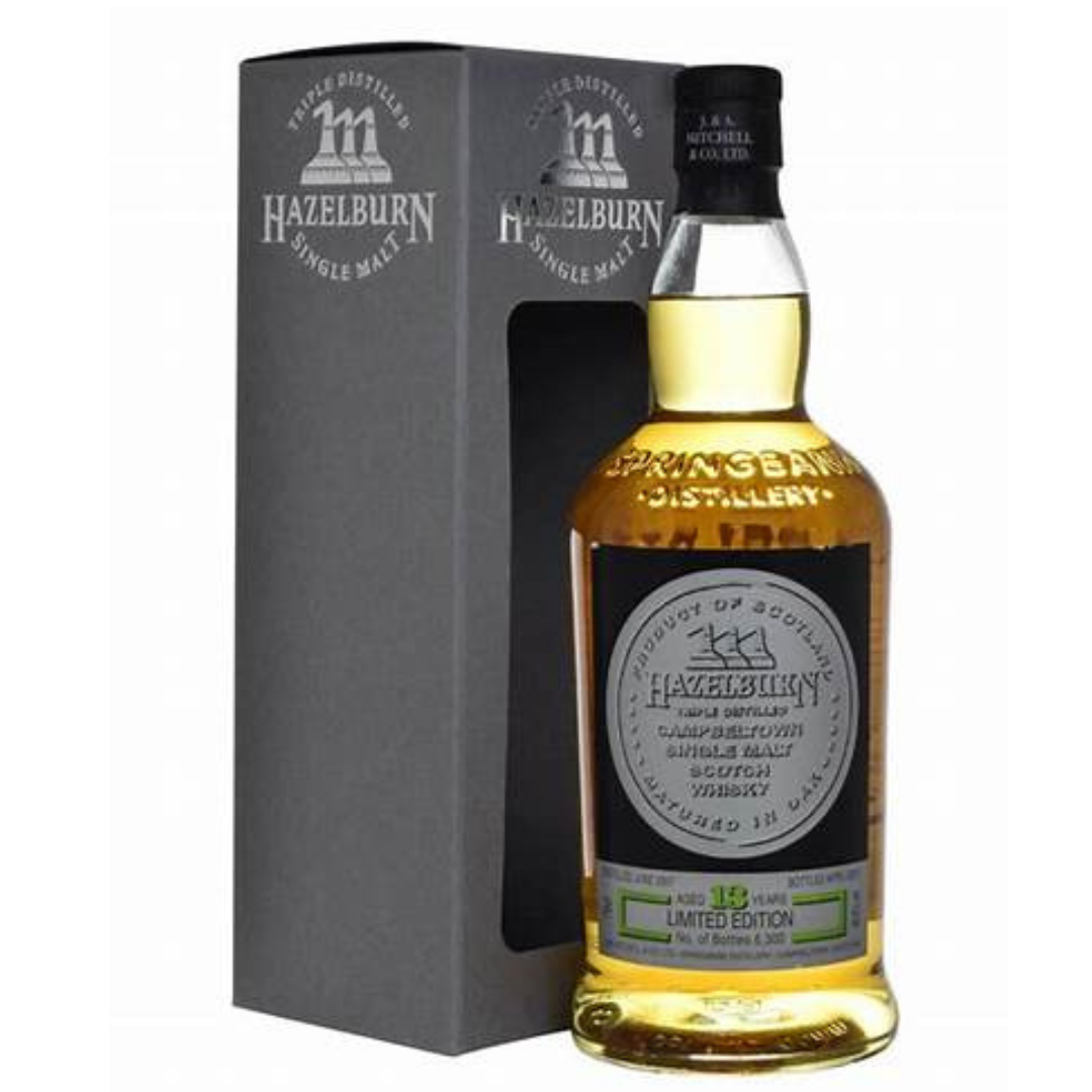 Hazelburn 13yo whisky bottle and the box in the white background.