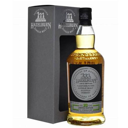 Hazelburn 13yo whisky bottle and the box in the white background.
