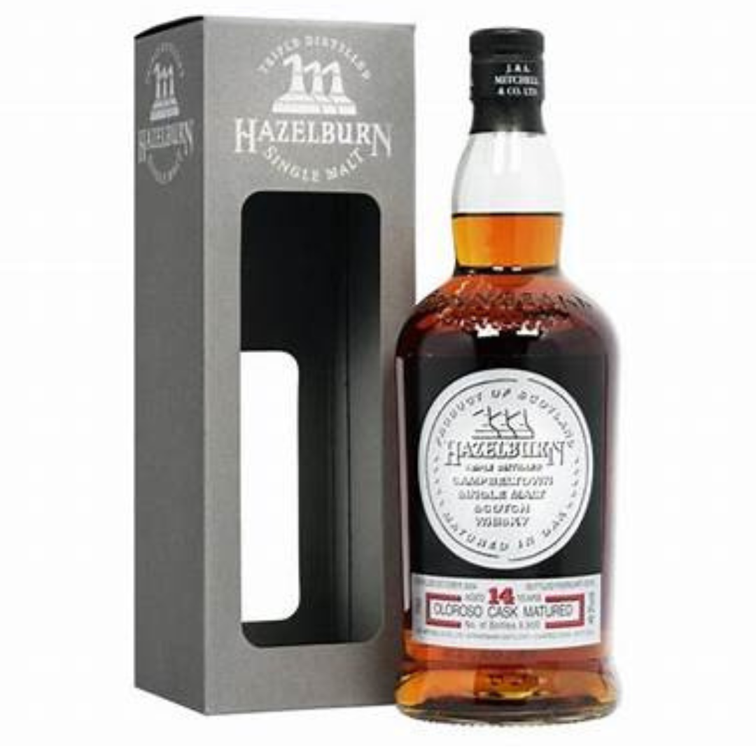 Hazelburn 14 Oloroso 2019 bottle and box in the white background. 