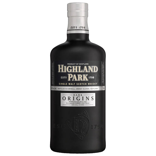 Highland Park Dark Origins Single Malt Whisky black bottle in the white background.  