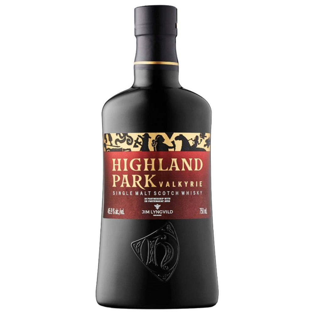 A bottle of Highland Park Valkyrie single malt Scotch whisky with a label featuring Norse mythology-inspired designs and text.