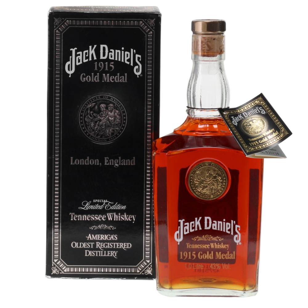 Jack Daniel's 1915 Gold Medal whiskey bottle and packaging on a white background