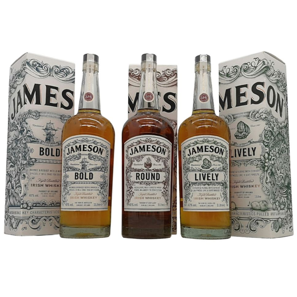 Three bottles of Jameson Irish whiskey, each labeled differently: Bold, Lively, and Round, displayed in a line with the brand's packaging behind each bottle.