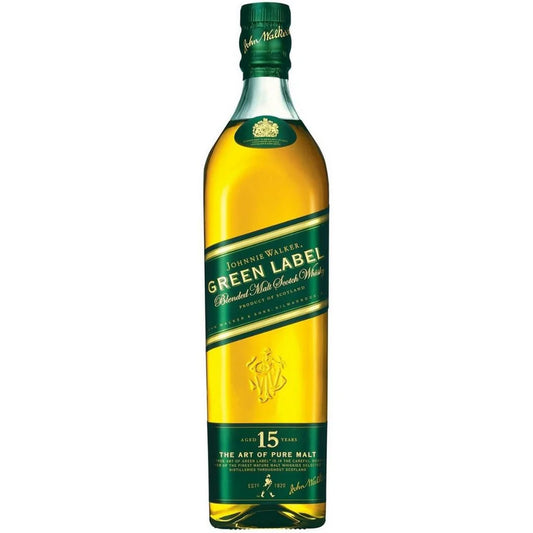 Johnnie Walk Green label 15yo bottle on white background