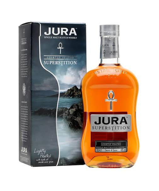 Jura Superstition Single Malt Scotch Whisky bottle and box.