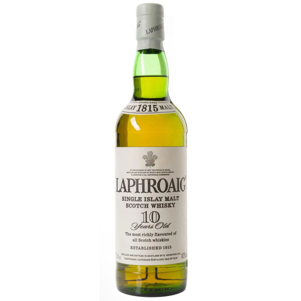 A bottle of Laphroaig 10 year old single malt Scotch whisky, with a label indicating the brand, type, and age, against a white background.