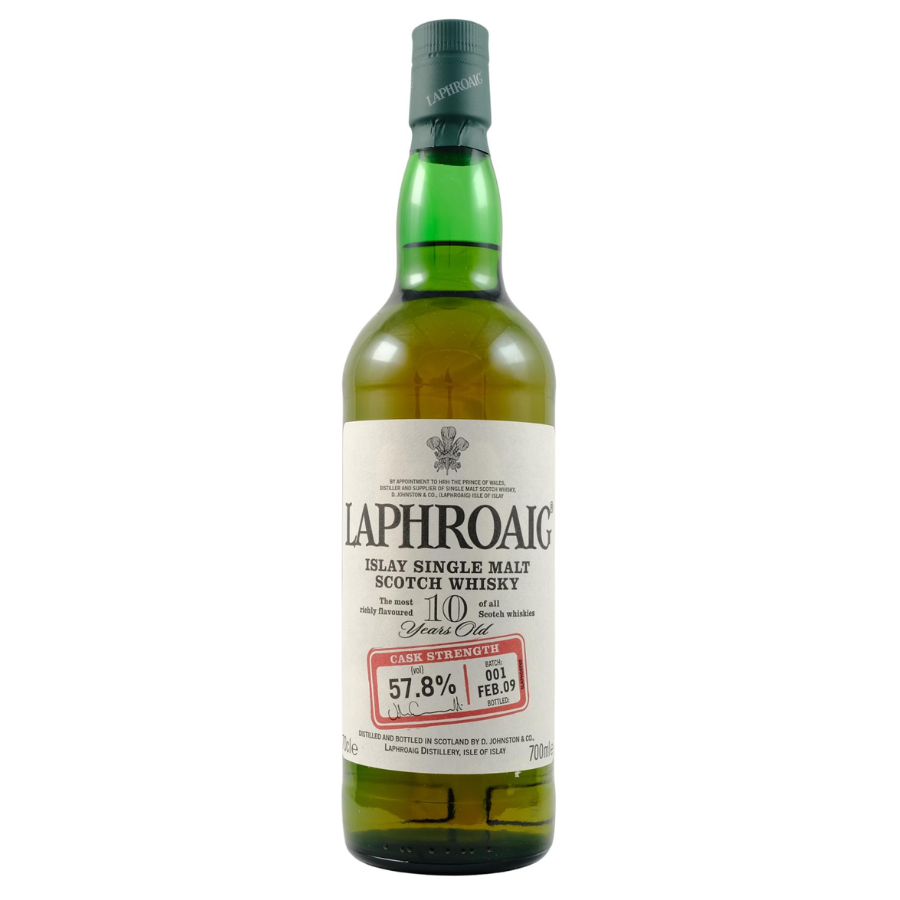 A bottle of Laphroaig 10 Year Old Cask Strength Batch 1 Islay Single Malt Scotch Whisky, with a label and price tag indicating 57.8% ABV.