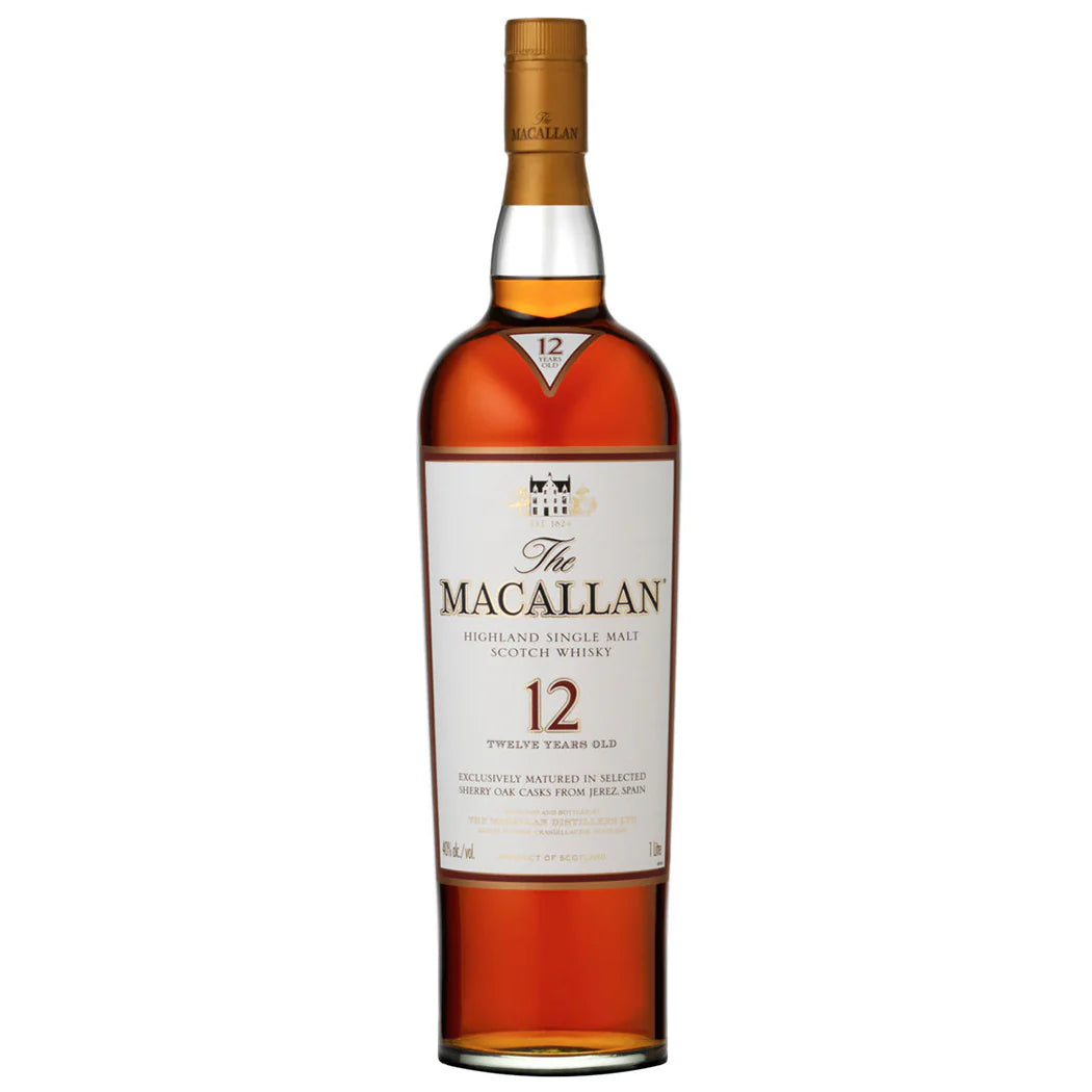 Macallan 12 Sherry Oak Old Presentation bottle in the white background.