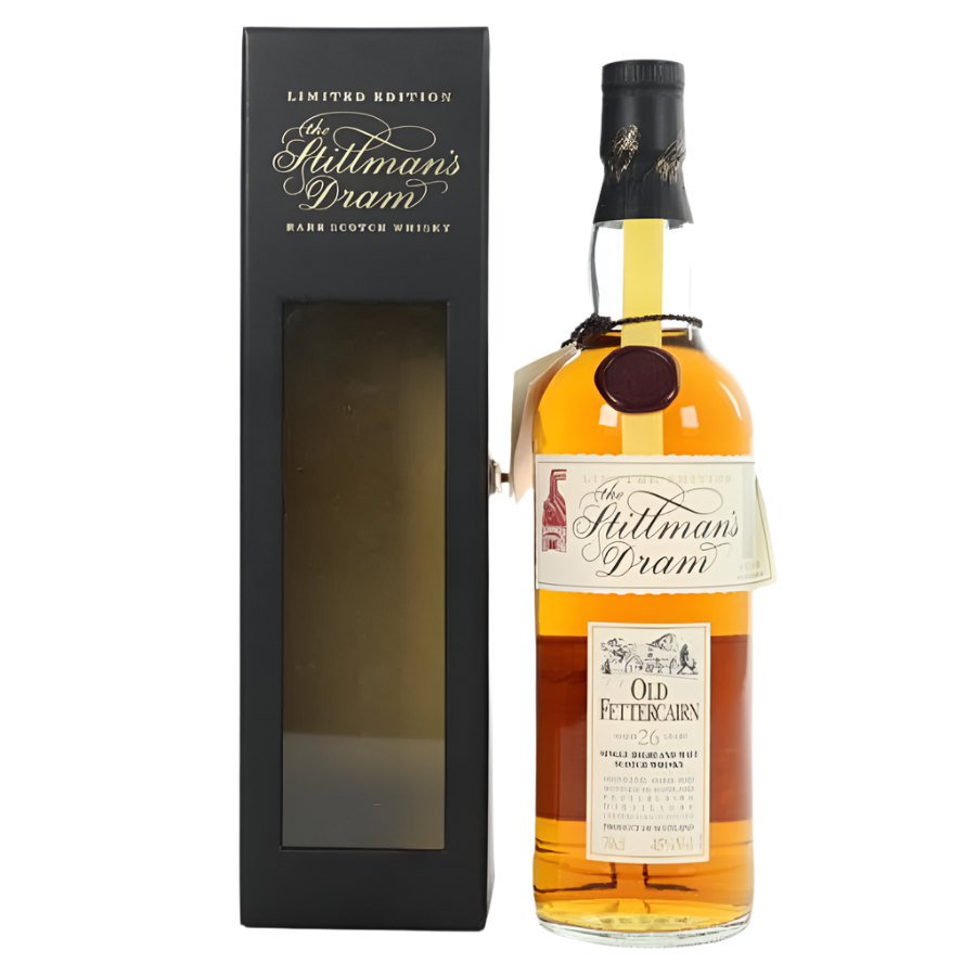 Old Fettercairn 26 Year Old bottle and presentation box featuring classic Stillman’s Dram packaging.