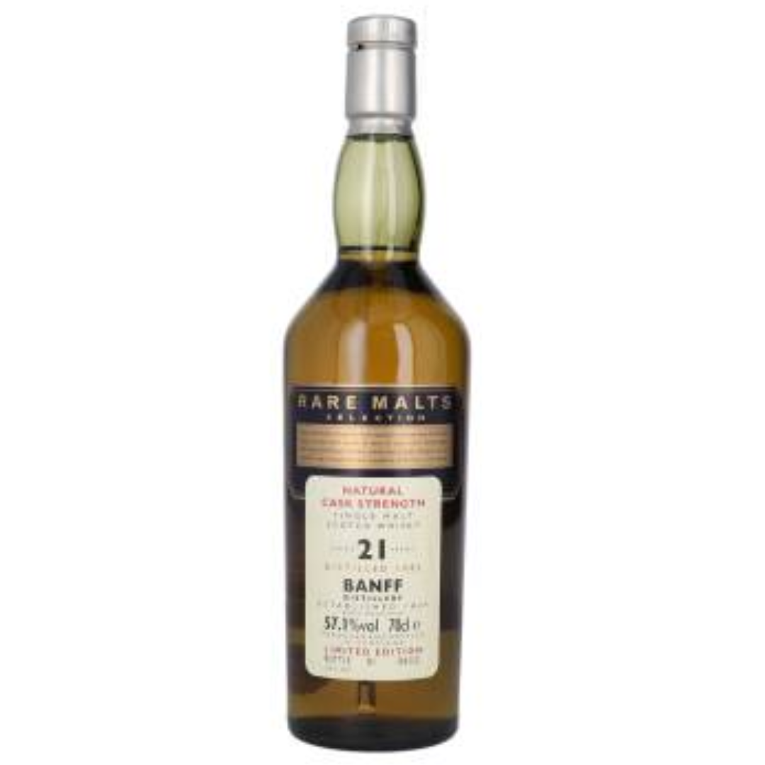Rare Malts Banff 21 yo bottle in the white background