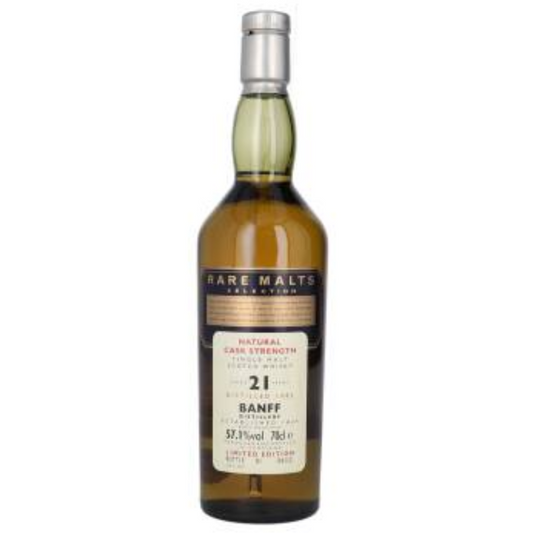 Rare Malts Banff 21 yo bottle in the white background