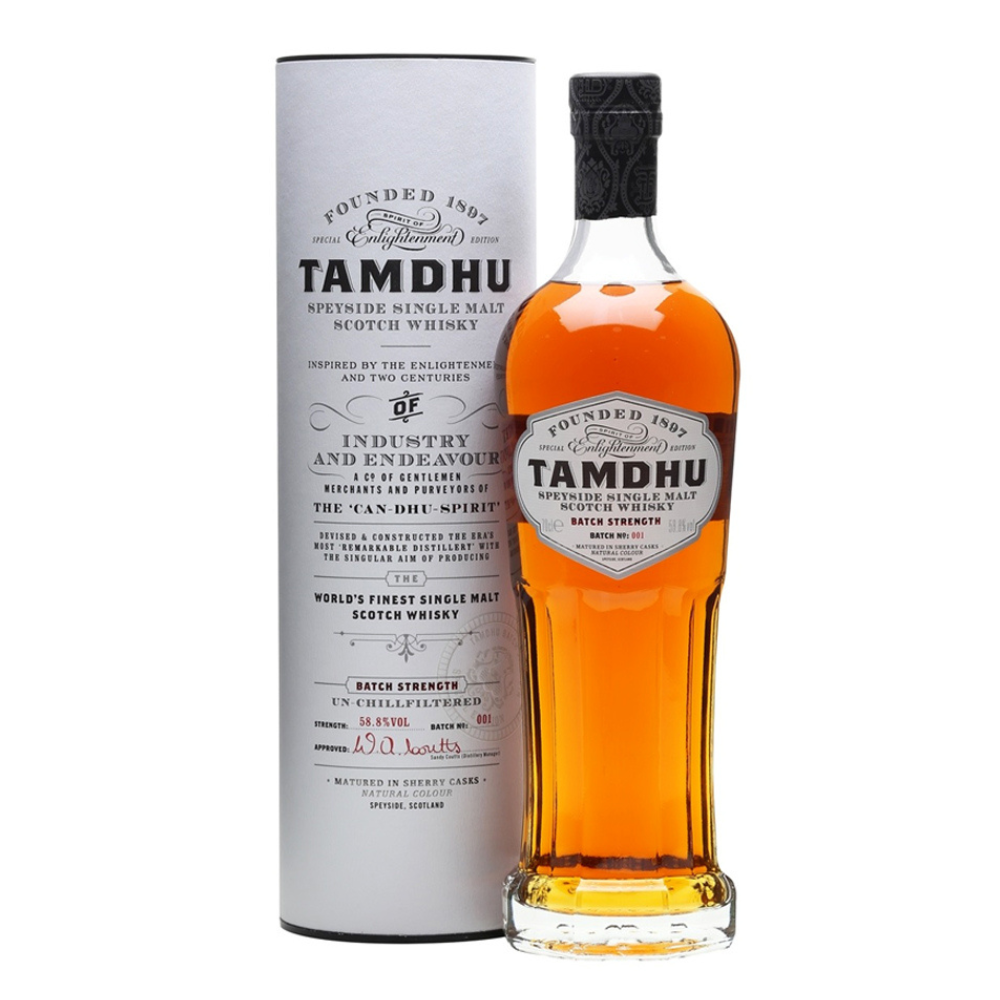 Tamdhu Batch Strength Batch 1 with a white label in front of its packaging box 