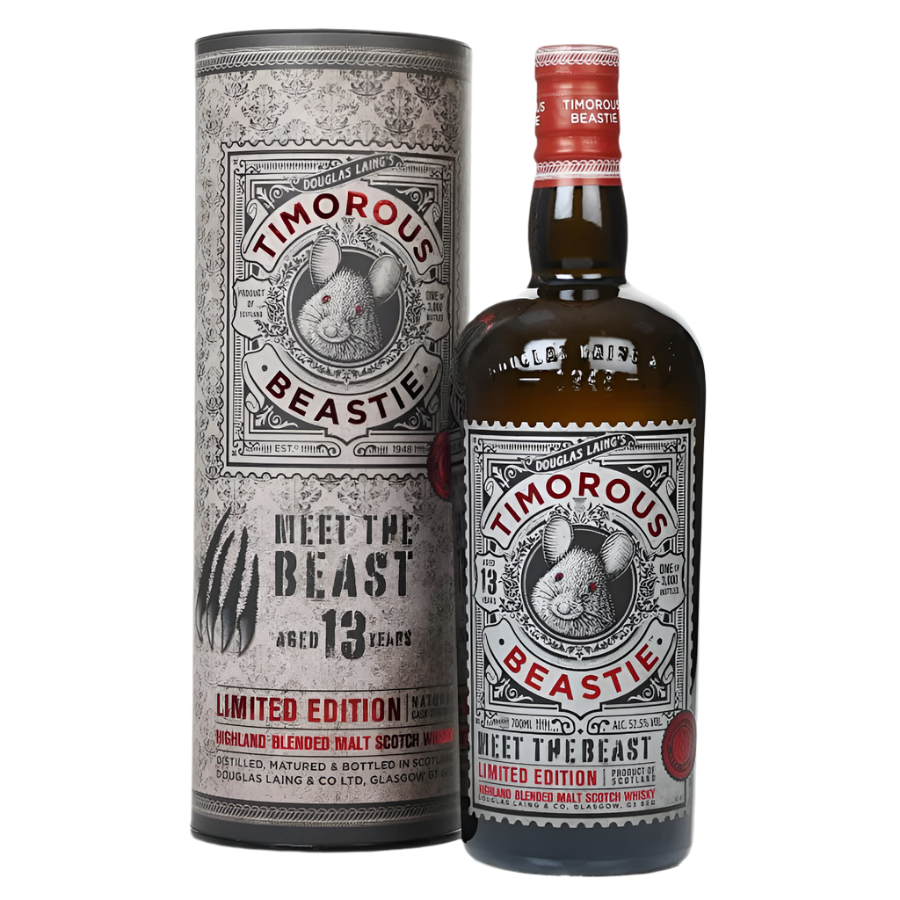 Timorous Beastie 13 Year Old bottle and box set featuring detailed vintage-style design and Highland branding.