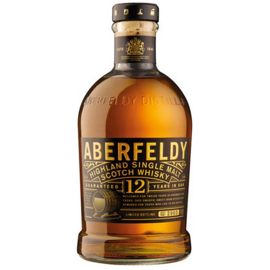 Aberfeldy Highland Single Malt Scotch Whisky bottle on a white background