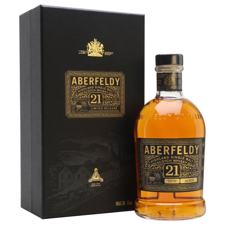 Aberfeldy 21-year-old whisky bottle and packaging on a white background