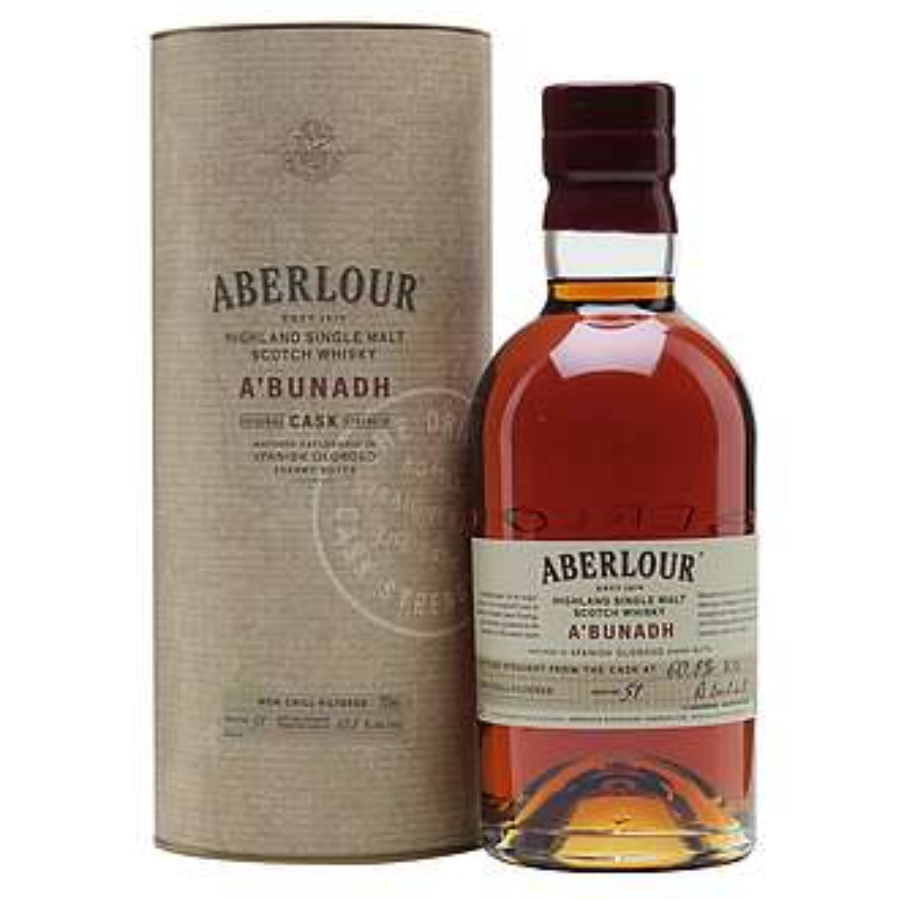 Aberlour a'bunadh single malt Scotch whisky, batch 51, with a bottle and packaging displaying the brand, product name, and age statement.
