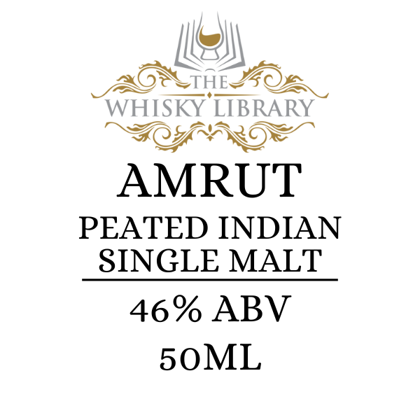 Amrut Peated Indian Single Malt whisky label with 'The Whisky Library' branding on a white background.