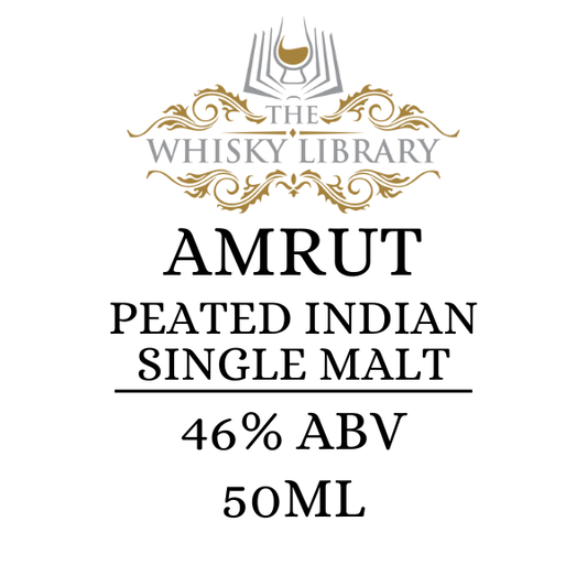 Amrut Peated Indian Single Malt whisky label with 'The Whisky Library' branding on a white background.